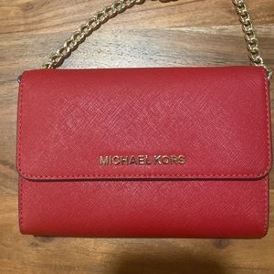 Michael Kors Jet Set Travel Red Saffiano Leather Smartphone Wallet Crossbody Bag